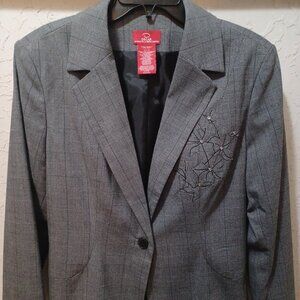 Oscar de la Renta Wmns 16 Gray Plaid Blazer Rhinestone Floral Single Button